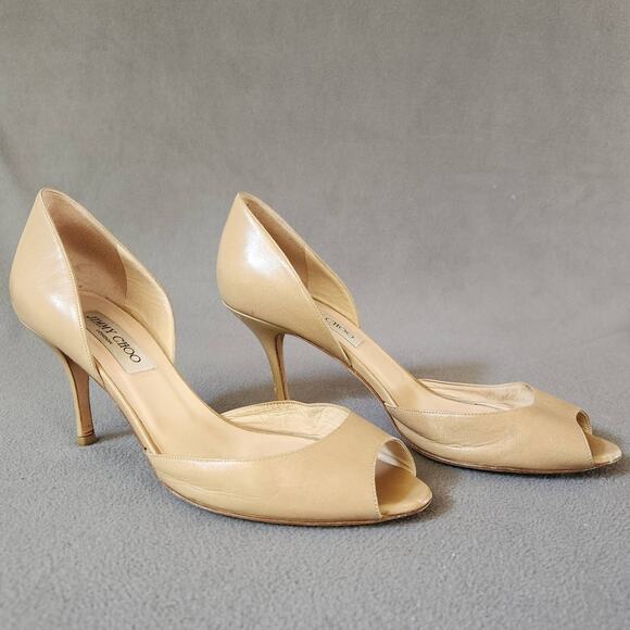 JIMMY CHOO D'Orsay Peep Toe Heels Size 38.5 Tan Neutral Stiletto - Picture 1 of 16